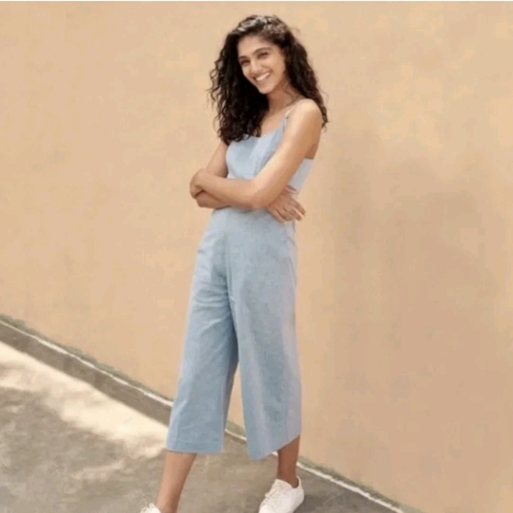 Soludos Luella Womens Chambray Jumpsuit Blue Wide Legs New with Minor Stains M